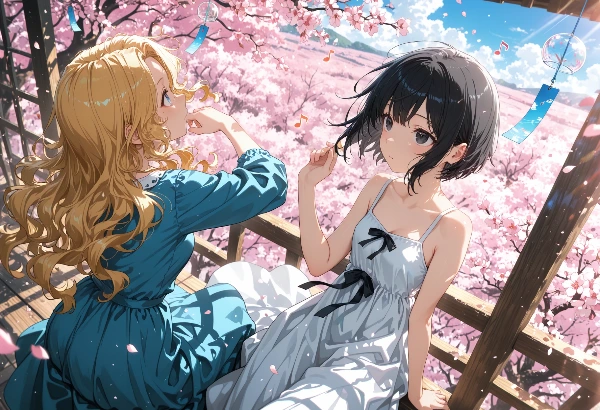 黒髪＆ブロンド・桜の花と風鈴