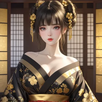 黒と金の花が咲く着物