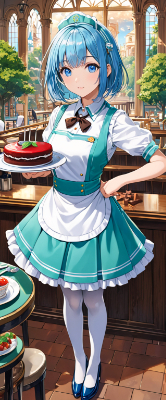 お昼の青髪ウエイトレスさん