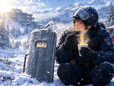 雪の浅間山で小鳥とラーメン