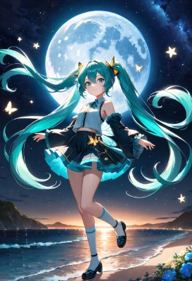 満月の海辺と星の少女