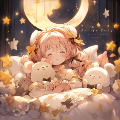 月夜にぬいぐるみを抱え眠る少女