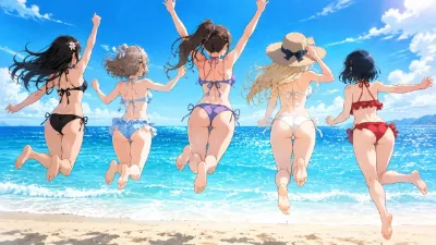 夏の海で跳ねる青春の5人(謎のジャンプ演出)