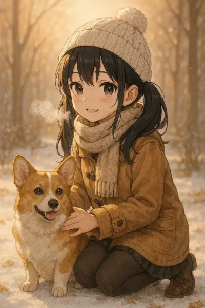 冬の散歩道とコーギーに寄り添う八重歯少女