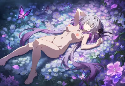 夜の花畑で寝そべっているヌード姿のキャストリス