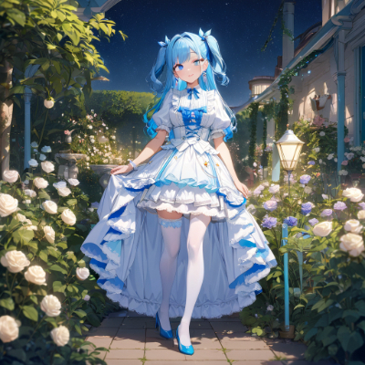 夜の庭園と青髪さん