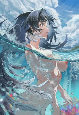 サンゴ礁の海から水面に上がるヌード姿の秧秧