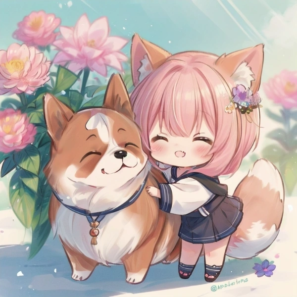 コーギーと一緒