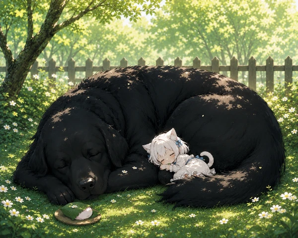 白猫と黒犬・日向ぼっこ