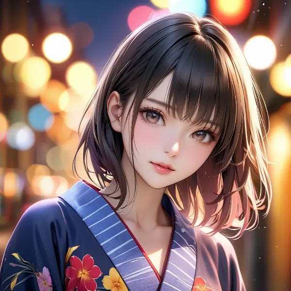 浴衣の少女と夜の灯り