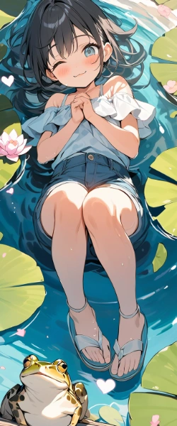 水にぷかぷか、近くに1匹の蛙