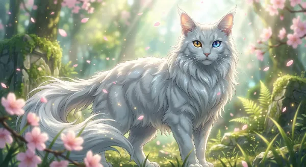 桜舞う森の神秘的な守護猫