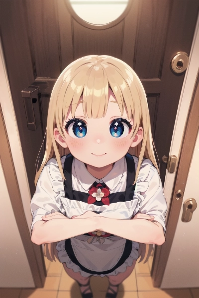 玄関で出迎える金色の髪の少女