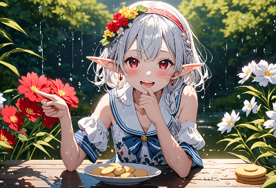 雨の花畑で微笑むエルフのティータイム