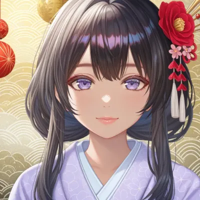 紫の瞳と赤い椿の和装少女