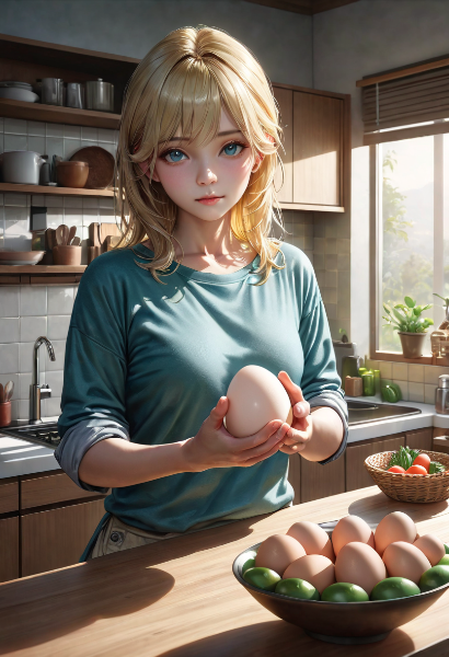 朝のキッチンで卵を抱く少女