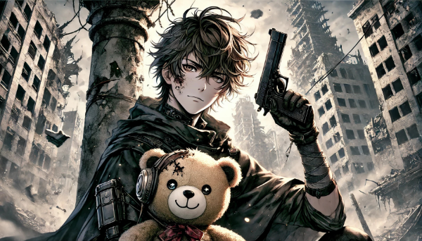くまの人形と銃を持った男性