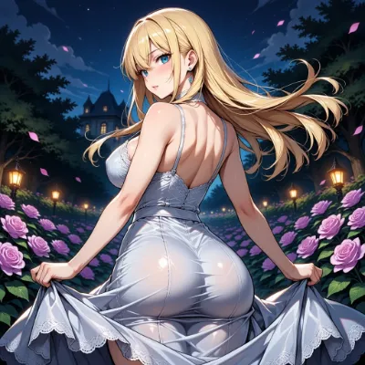 月夜の薔薇園で振り返る銀のドレス
