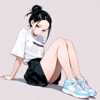 団子ヘアとスニーカー