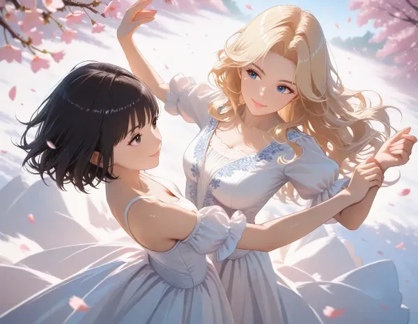 黒髪＆ブロンド・桜の花の下でダンス