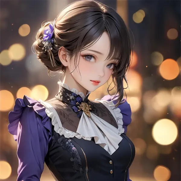 紫の花を飾る優雅な少女