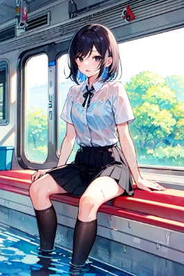 浸水した電車にびしょ濡れの女子高校生