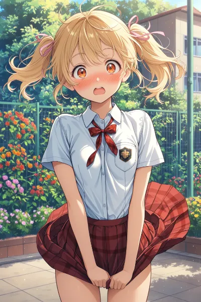 風のいたずらに驚く金髪少女