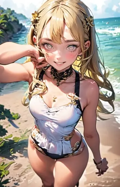 海辺で佇む金色の髪の少女