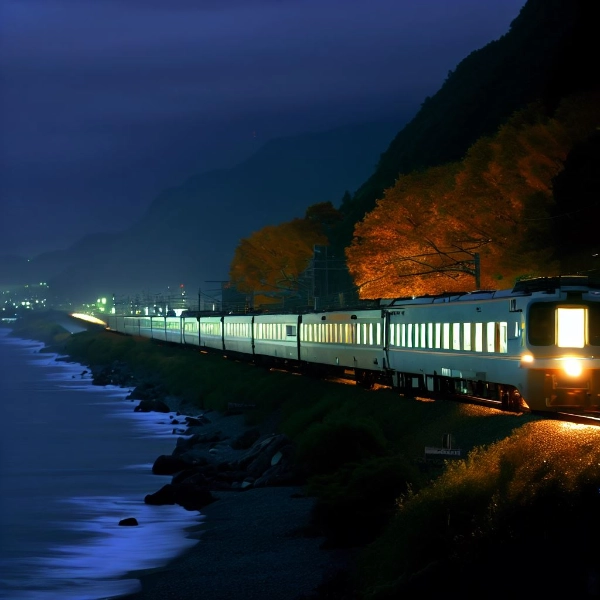 秋の夜の海岸を走る寝台列車
