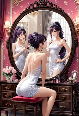 鏡を見つめるドレスの女性