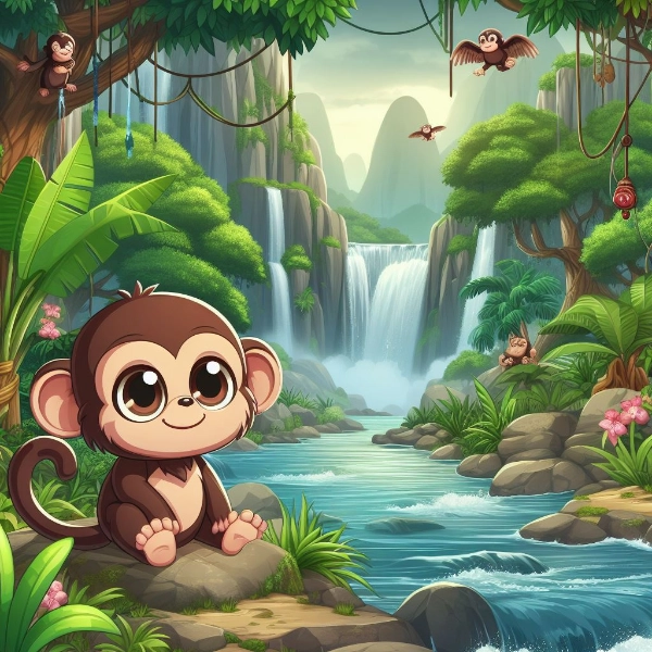 密林アマゾン滝と可愛い猿