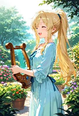 陽光の花園でリラを奏でる少女