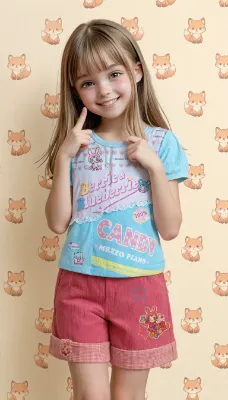 カラフルグラフィックTシャツとハーフパンツのコーデ