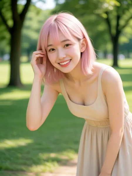 木漏れ日の小径に微笑む淡紅の彼女 ― 柔らかな焦点に包まれた瞬間 / She Smiles on the Sunlit Path — A Moment Wrapped in Gentle Focus with Pale Pink Grace