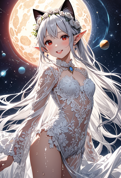 月夜の宇宙で微笑む花冠のエルフ