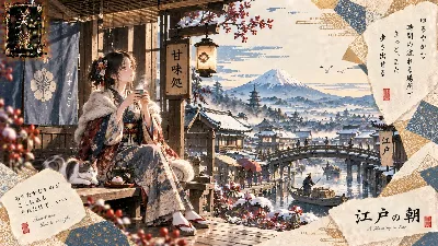 雪の富士を望む、猫と過ごす江戸の朝