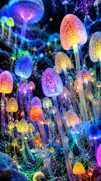 光のキノコが照らす魔法の森
