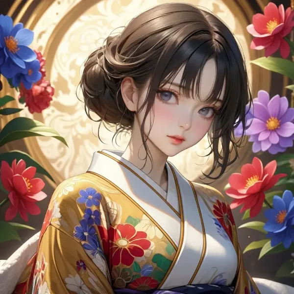 花咲く庭の着物少女