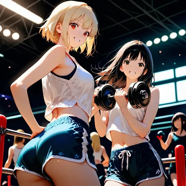 汗輝くジムの友情トレーニング