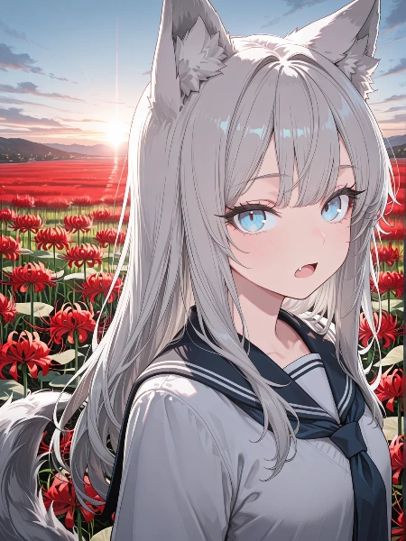 赤い花畑に響く狼少女のささやき