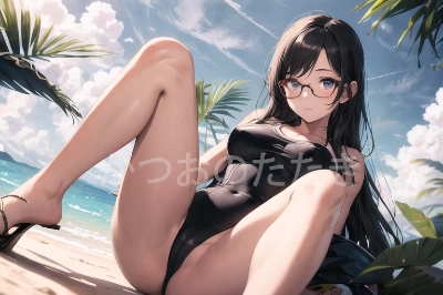 黒髪ロング眼鏡　水着