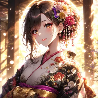 黄金光に輝く花飾りの着物美少女