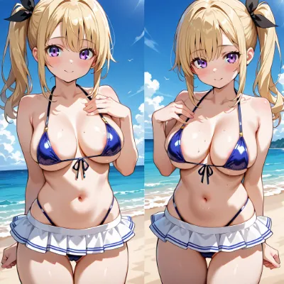 海辺で輝く紫の瞳と夏の誘惑