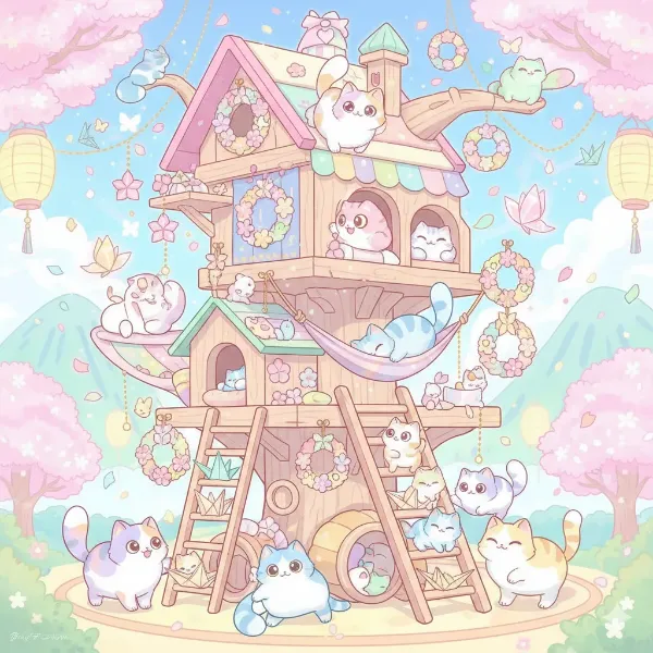 桜のツリーハウスで猫たちの春祭り