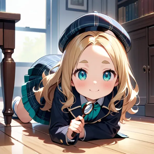 床を調べる探偵おでこちゃん