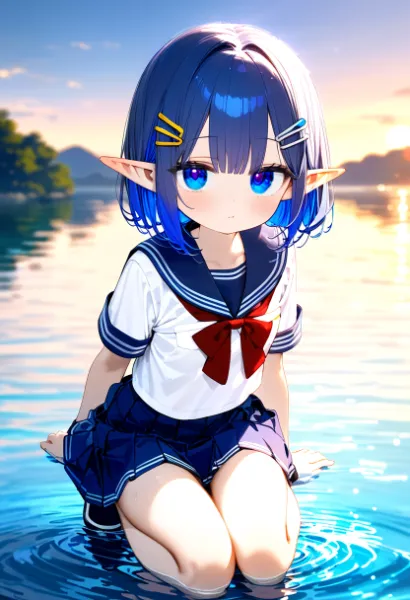 夕暮れの湖畔で待つ青髪のエルフ