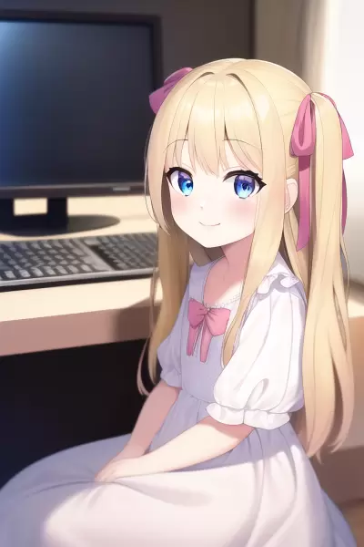 パソコン作業する金髪少女