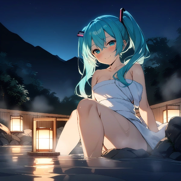 初音ミクが温泉を楽しんでいる画像