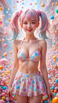 キャンディの海で輝く笑顔の少女