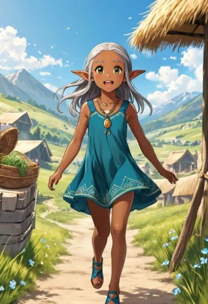 青空の下で元気に遊びまわるダークエルフちゃん